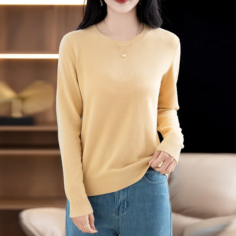 

2023 Fashion Pure Cotton Long Sleeve Underlay Knitwear Women's Round Neck Pullover Loose and Simple Versatile All Cotton Top