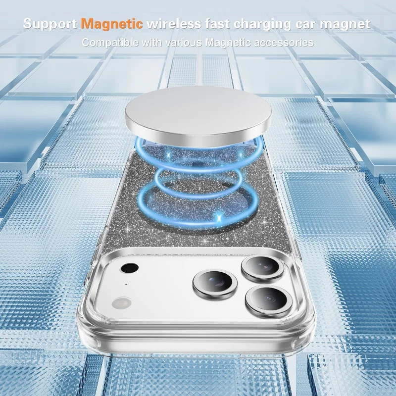 Glitter Clear MagSafe Magnetic Phone Case with Alloy Buttons and Anti-Fall Protection