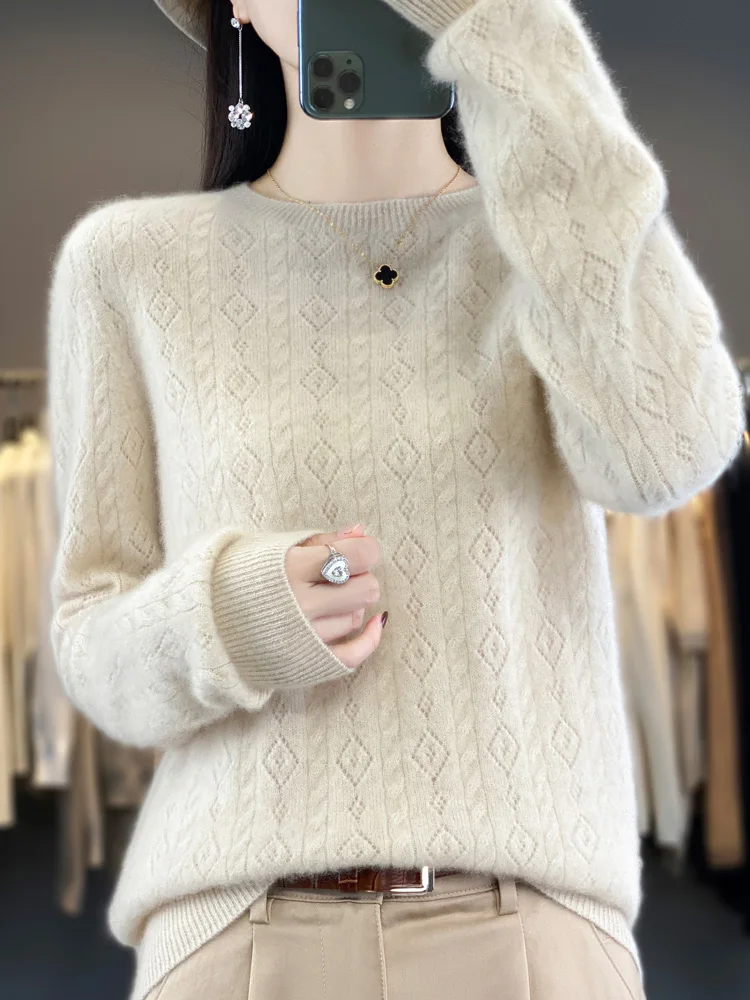 

MerinoWool New Arrivals Hollow Out Women's Sweater Long Sleeve ONeck Pullover High Elasticity Slim Fitting Knitted Female Jumper