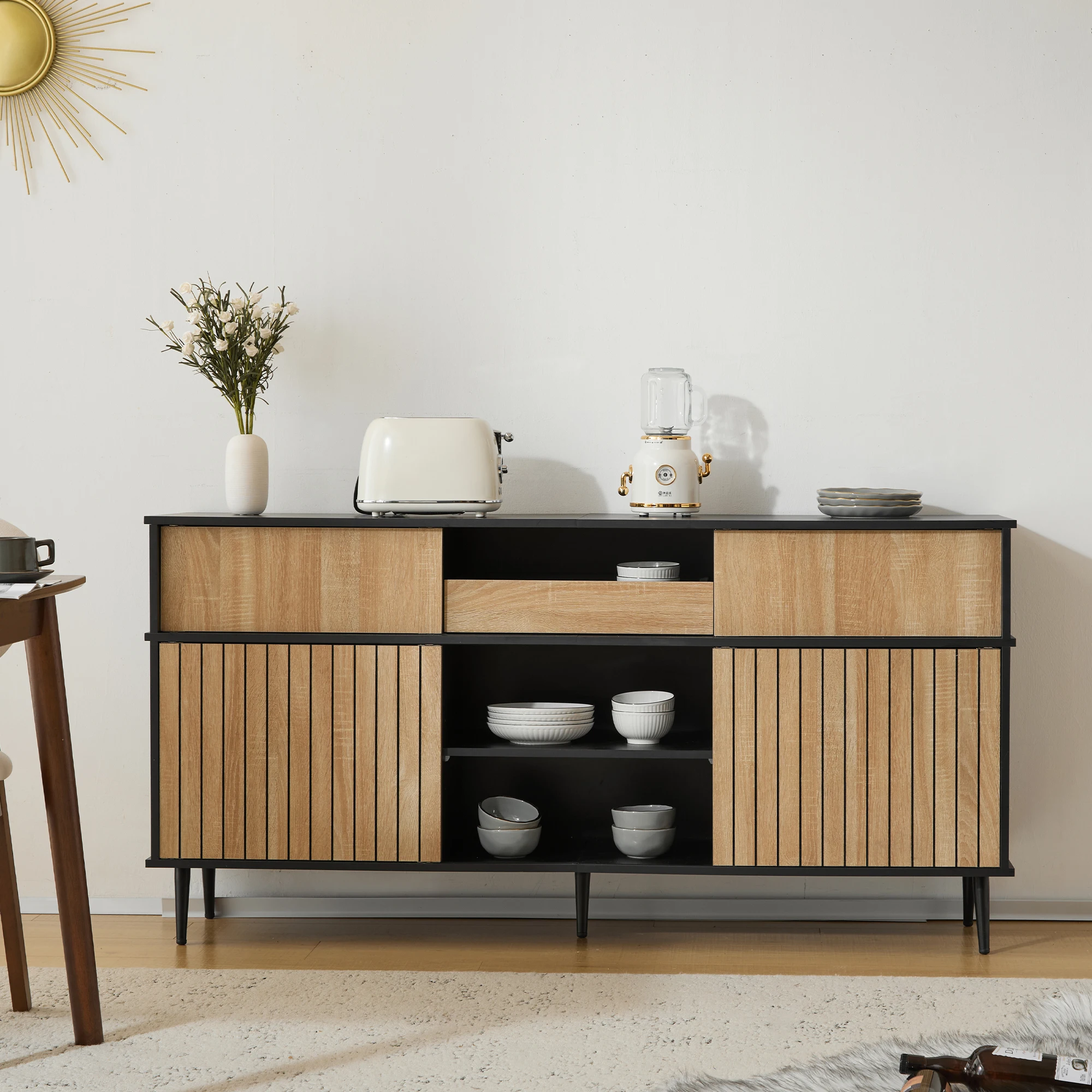 PINGGO Kommode mit 4 Schiebetüren und 1 Schublade, Eiche kombiniert mit Schwarz, multifunktionale Aufbewahrung für Schlafzimmer, Wohnzimmer, Flur – Detail 3