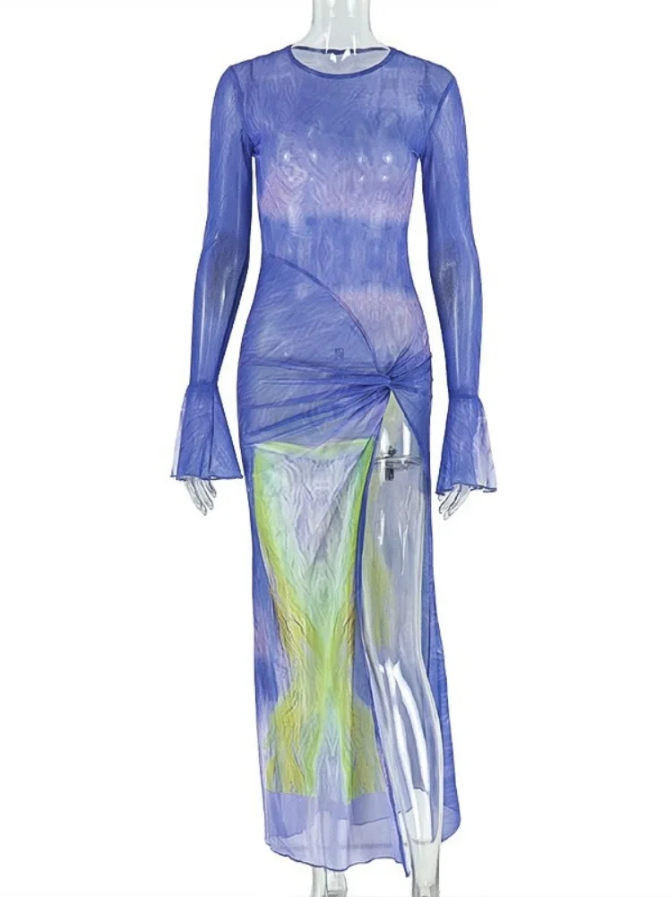 Wmstar Dress Women Wholesale Summer Casual Wear Printed Slit Pleated Hip Hugging Dresses Round Neck Flared Sleeve Long 2025