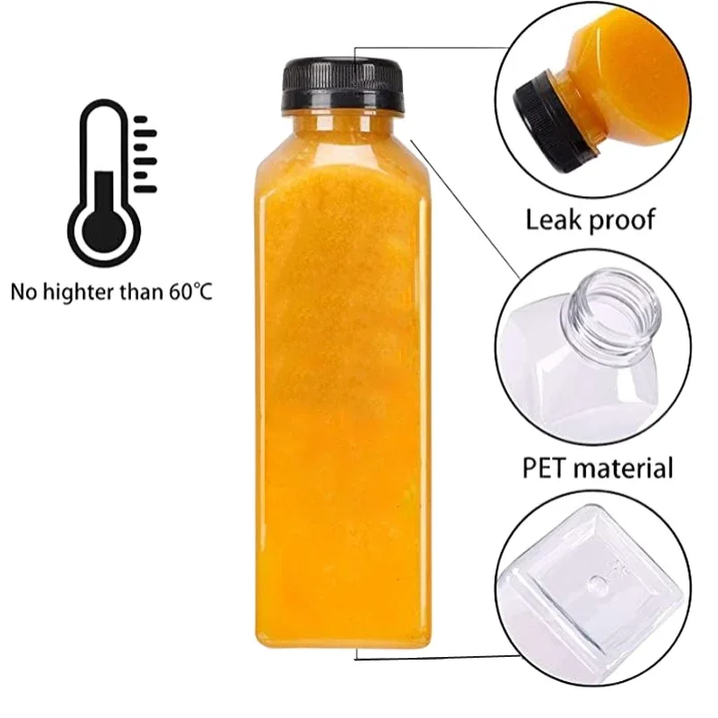10pcs 60-500ML Clear Empty Plastic Juice Bottle with Caps W/ Funnel Disposable Juice Drink Container for Making Juicing Smoothie