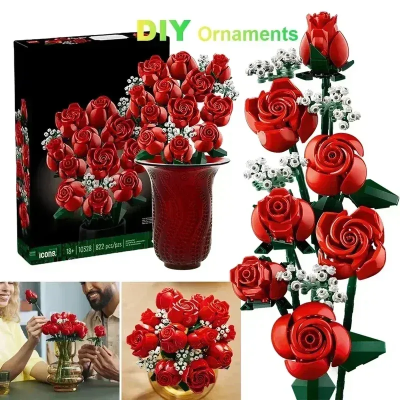 Creative Red Rose Vase Plants Model Building Blocks Romantic Flower Bouquet Building Block Eternal Model Home Desk Plant Decor