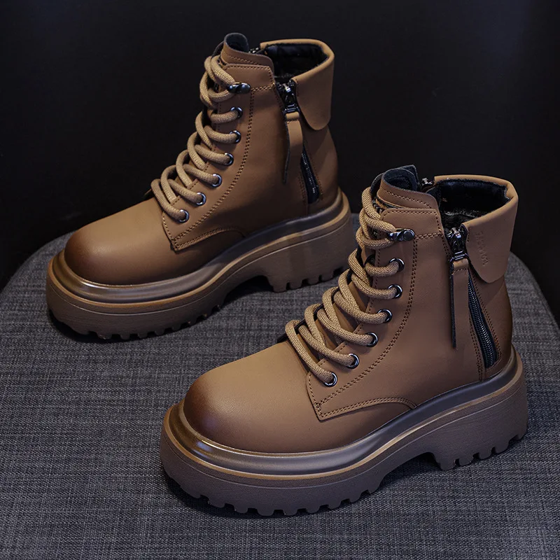 Womens Martin Boots Leather British Style Autumn and Winter Retro Thick Black Cowboy Boots Women Shoes