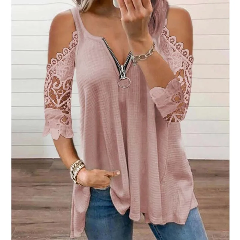 

Женская кружевная блузка с открытыми плечами, V-образным вырезом и полурукавом
