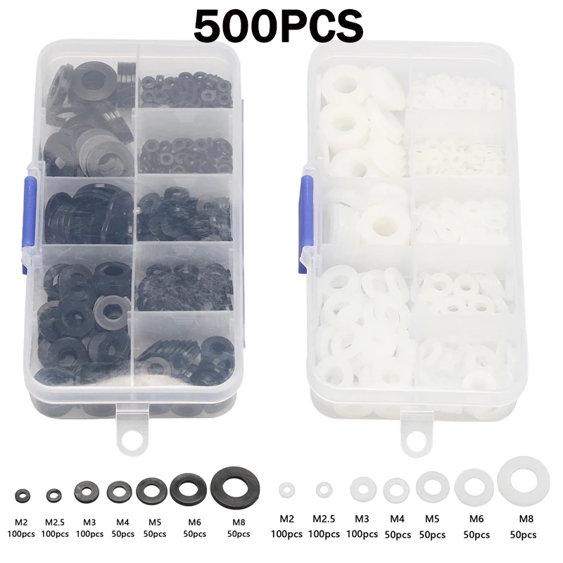 

500pcs Flat Washer Gasket Set M2 M2.5 M3 M4 M5 M6 M8 Plastic Sealing O-rings Spacer Assortment Kit Fastener White Black