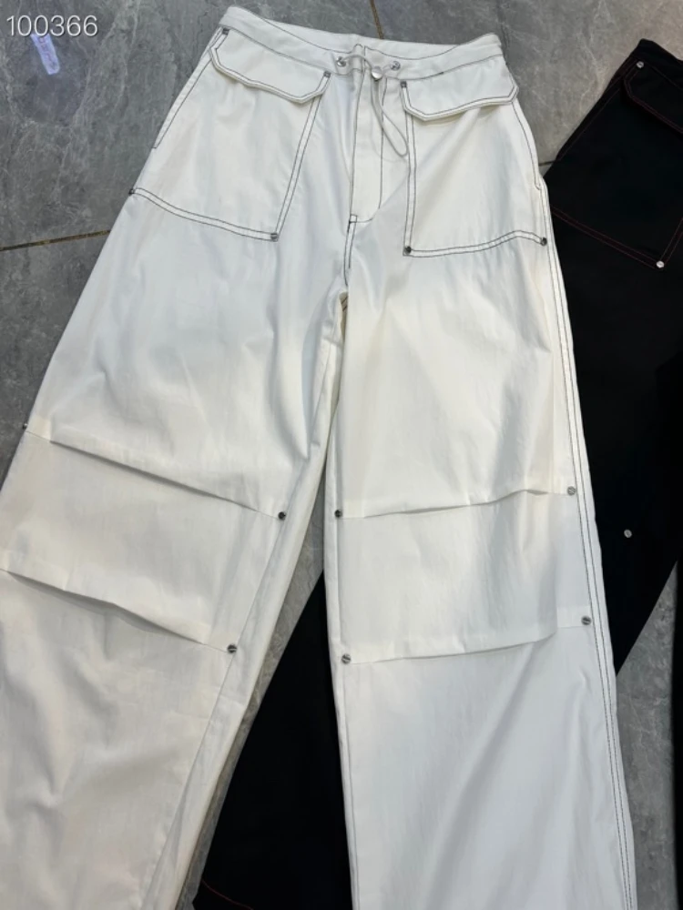 2024 New Top Quality Solid White Women High Street Pants Bright Line Decoration Pockets Drawstring Cargo Pants Spring Summer