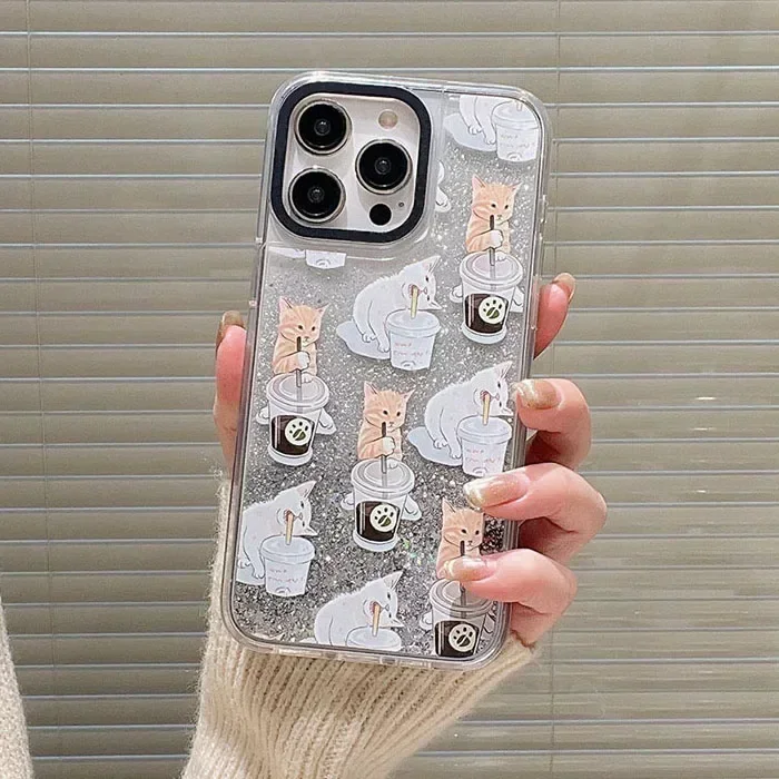 Transparent Border Silver Quicksand Cat Coffee iPhone 12 13 14 15 Pro Max Case - Protective iPhone Case