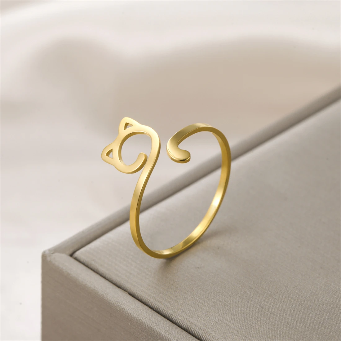 Minimalistische süße Katzenringe für Damen und Mädchen, schöner Tier-Fingerring, verstellbar, Edelstahl, Schmuck, Geschenk – Detail 7