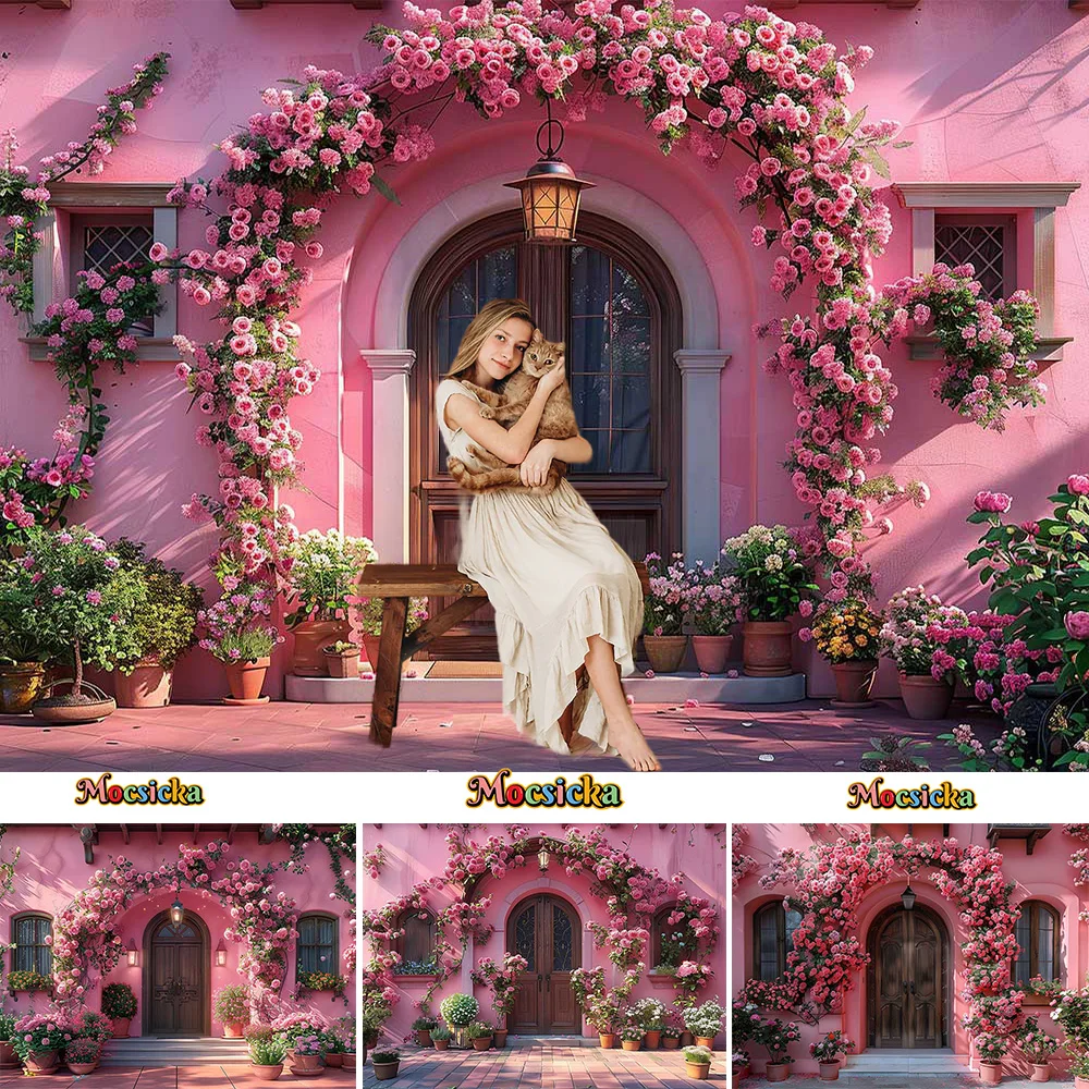 

Mocsicka Photography Background for Girl Wedding Birthday Pink Flowers Wall Door Backdrop Booth Summer Street Garden Poster Prop