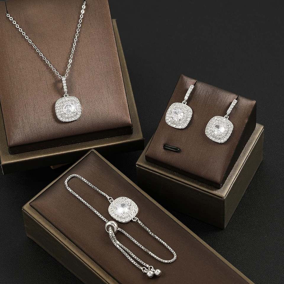 ZAKOL 3 Pcs Brilliant Micro Paved Zirconia Square Earring/ Necklace/Bracelet Jewelry Set for Women Gorgeous Wedding Jewelry 4
