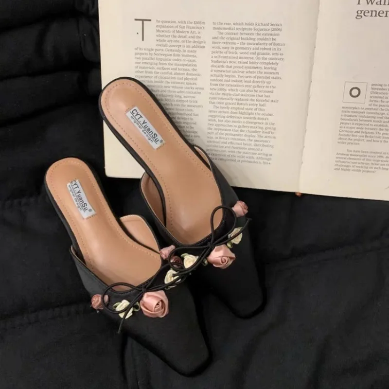 2025 Elegant  Women Cover Toe Slippers Sexy Satin Lace Pointed-toe Flats Gentle Rose Flower Bowknot Pumps Girl Thin Casual Shoes 4