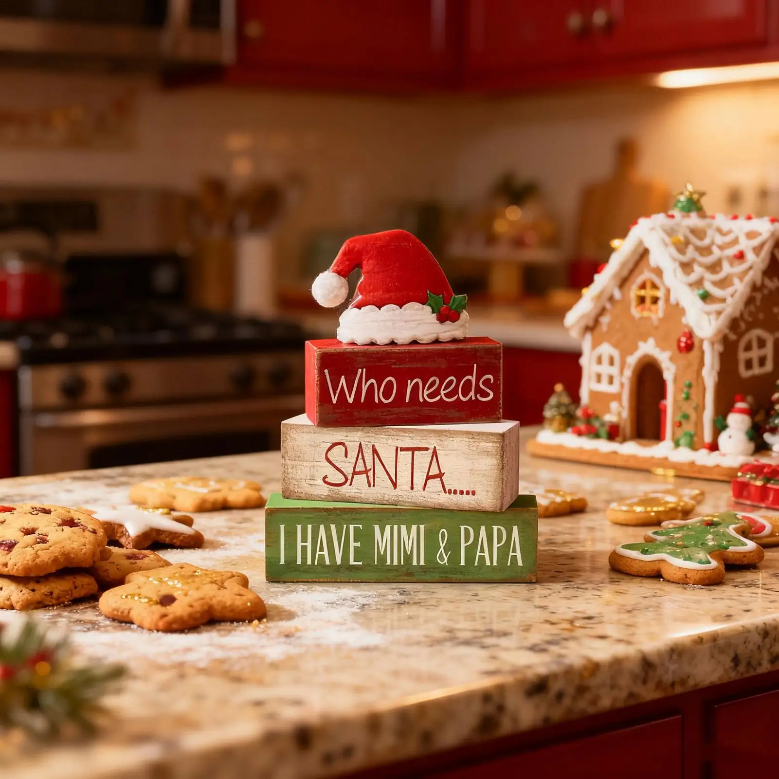 Christmas Tray Decor 4 Pieces Wooden Santa Hat Rustic Winter Tiered Tray Christmas Signs For Shelf Kitchen Bedroom Living Room