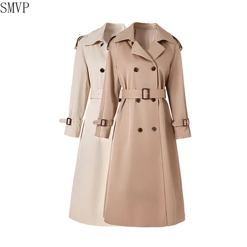 

2023 Spring / Autumn New High End Khaki Lace Up Double Breasted Windbreaker Coat Over Knee Versatile Casual Style Trench Coat