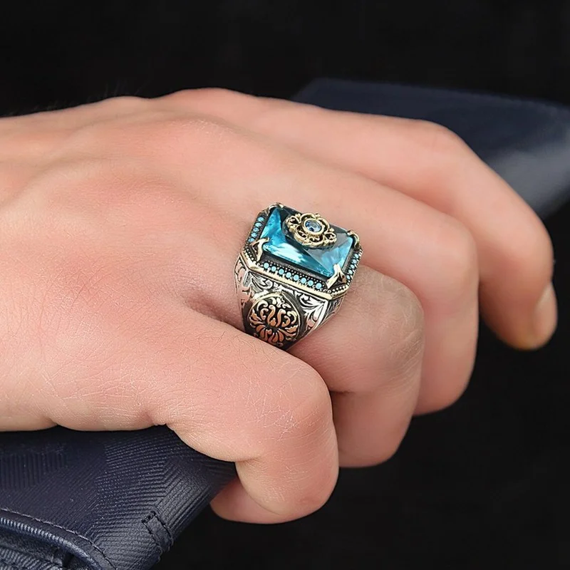 Signet Ring Retro Handmade Turkish for Men Vintage Silver Color Carving Pattern Inlay Green Zircon Party Punk Motor Biker