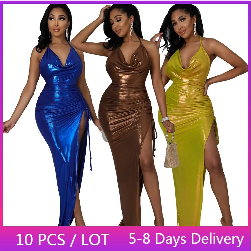 

Satin Sexy Bandage Bodycon Dress Women Clothing Halter Backless Party Dresses for Women Club Drawstring High Slit Maxi Dress