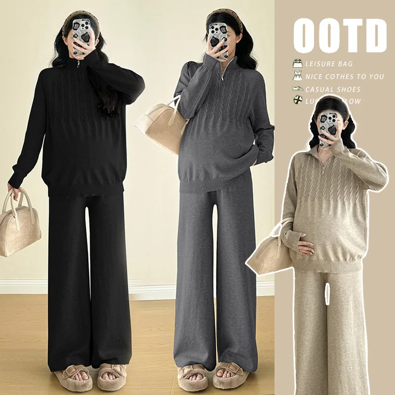 Winter Warm Maternity Sports Set Knitted Lapel Sweater Top+Wide-leg Pants 2pcs Pregnant Woman Korean Version Casual Suit