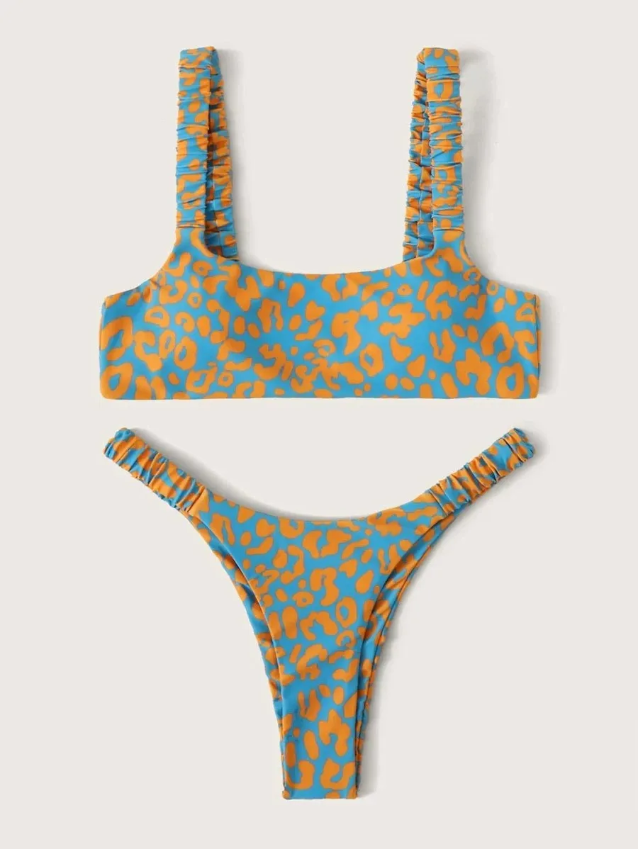 Women Orange Leopard Push Up Padded Thong Swimsuit Female Cut Out Bathing Suit Swimwear