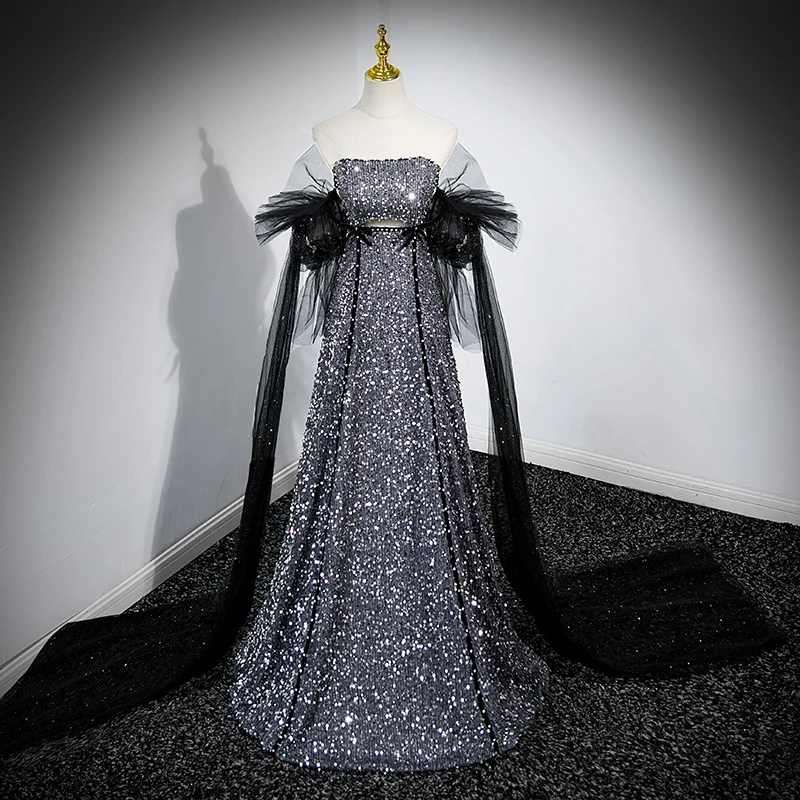 

Evening Dress Boat Neck Pleat Floor-Length Lace Up A-Line Sequins Short Sleeves Elegant Gray Party Formal Dresses Woman B2741