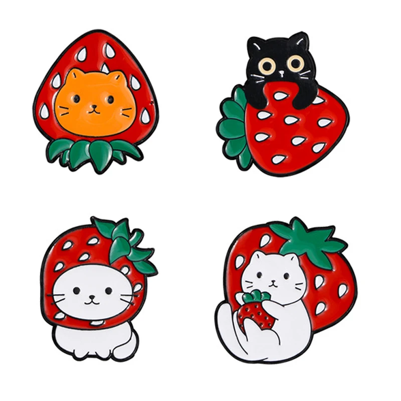 

Cute Strawberry Cat Enamel Brooch Creative Cartoon Black Kitten White Cat Pet Metal Badge Punk Animals Lapel Pins Jewelry Gift
