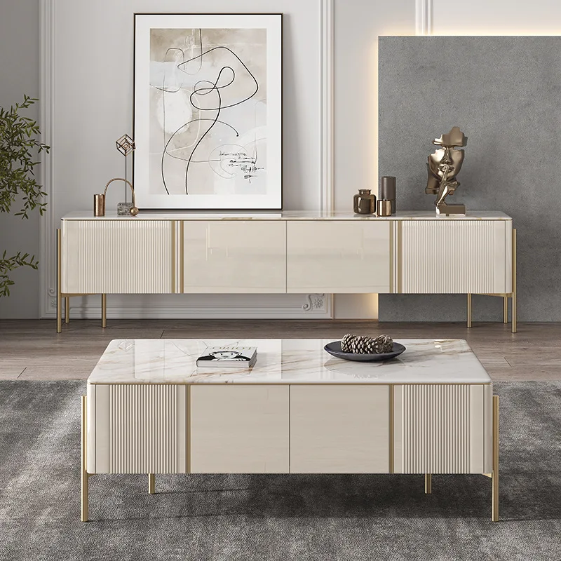 

Light luxury rock panel TV cabinet, modern minimalist TV cabinet, coffee table combination, living room storage floor cabinet, h