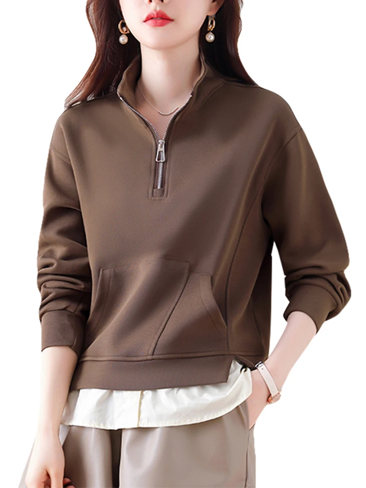 Fashion Fake Two-Piece Sweatshirts Pocket Half Turtleneck Zipper Up Pullovers Women 2024 Fall Winter with Velvet Tops Trendy