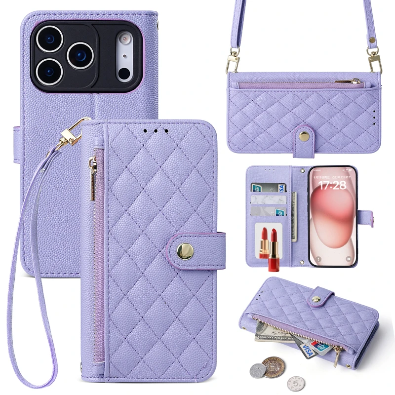 Sleek Crossbody Grid Wallet Case with Stand, Strap, and Mirror - Leather Design with Card & Cash Slots
