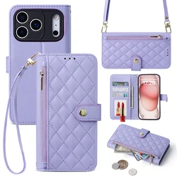 Sleek Crossbody Grid Wallet Case with Stand, Strap, and Mirror - Leather Design with Card & Cash Slots - iPhone 15 Plus (PURPLE)