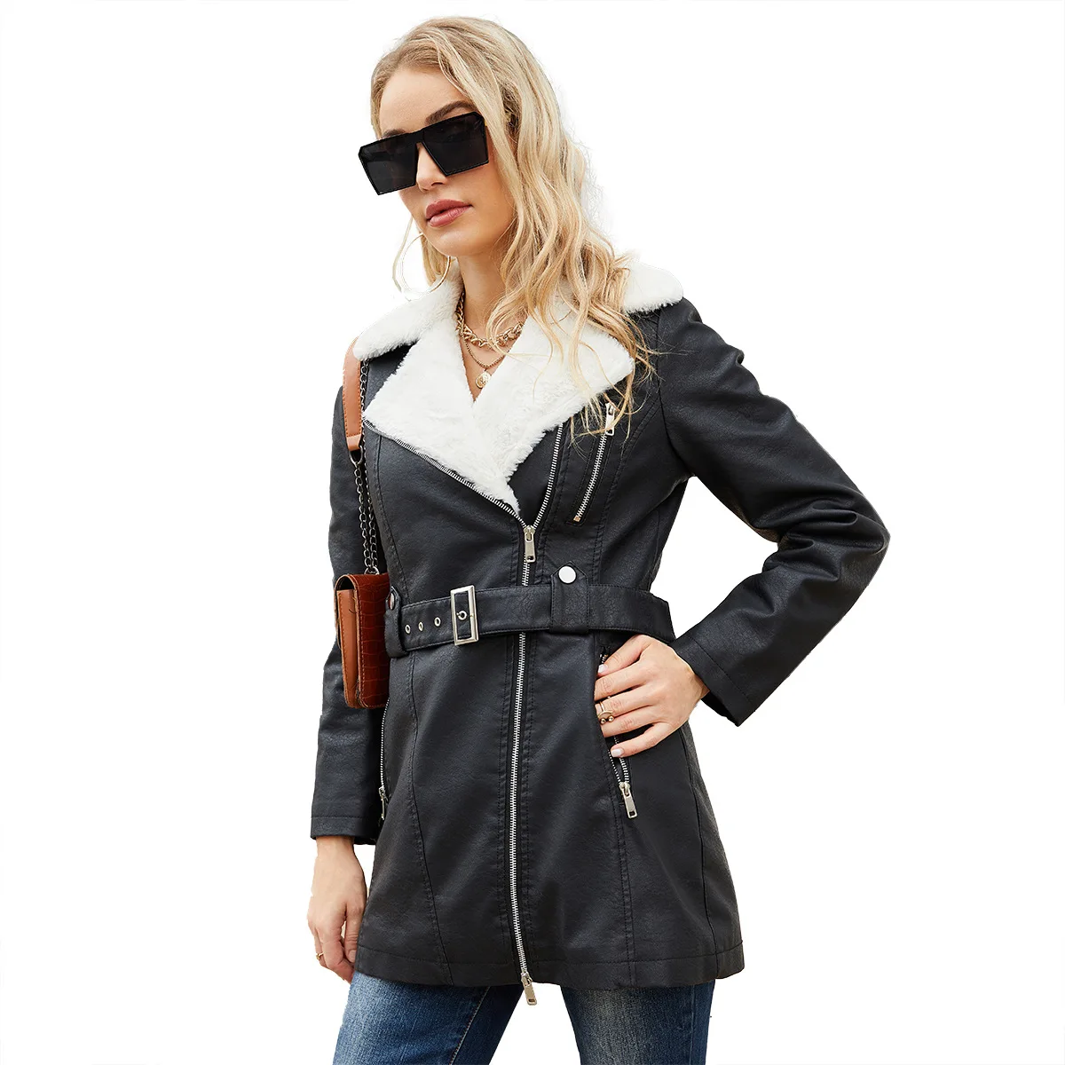 

Autumn And Winter New Long Sleeved Plush Leather Jacket With Women's Lapel Double Head Zipper And Belt For Warmth Jacket