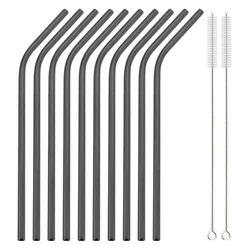 Set of 12 Rose Stainless Steel Reusable Straws with Cleaning Brush - Elegant Metal Drinking Accessories (Black)