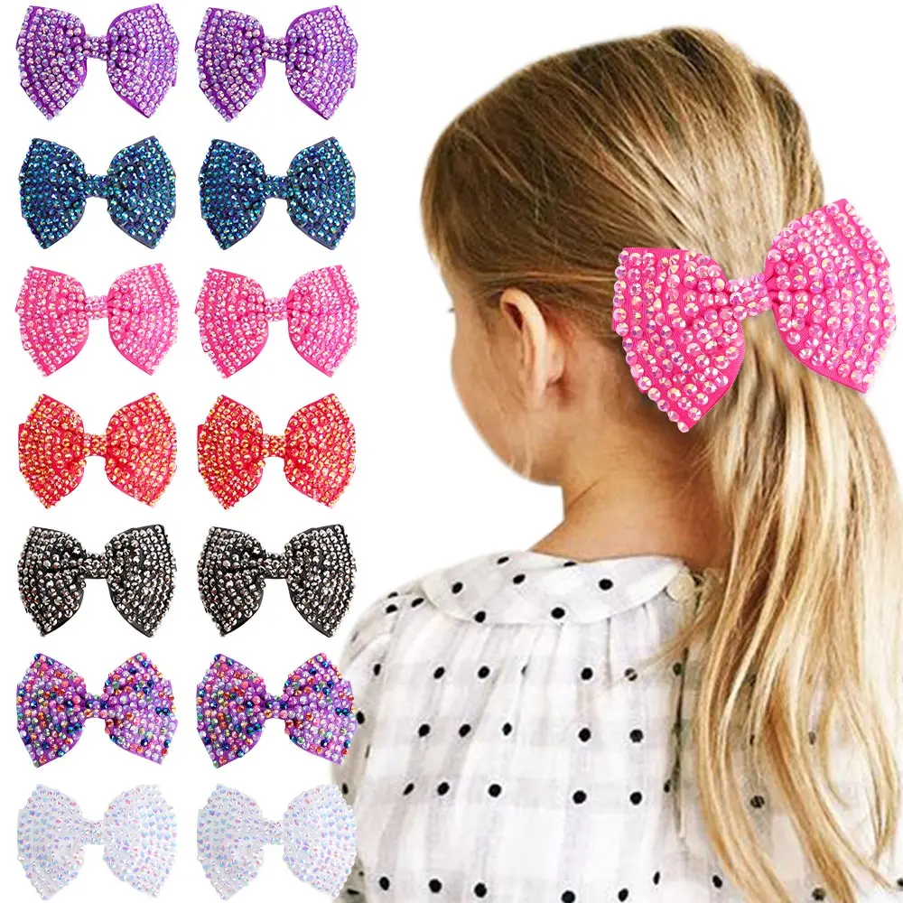 Oaoleer 2PCS/Set Bowknot Hairpins Girl Bow Hair Clips Kids Barrettes Fashion Solid Color Rhinestone Center Bows Hair Accessories 2pcs universal car handrail cover auto roof pull gloves car interior shiny rhinestone crystal handle protection cover accessory