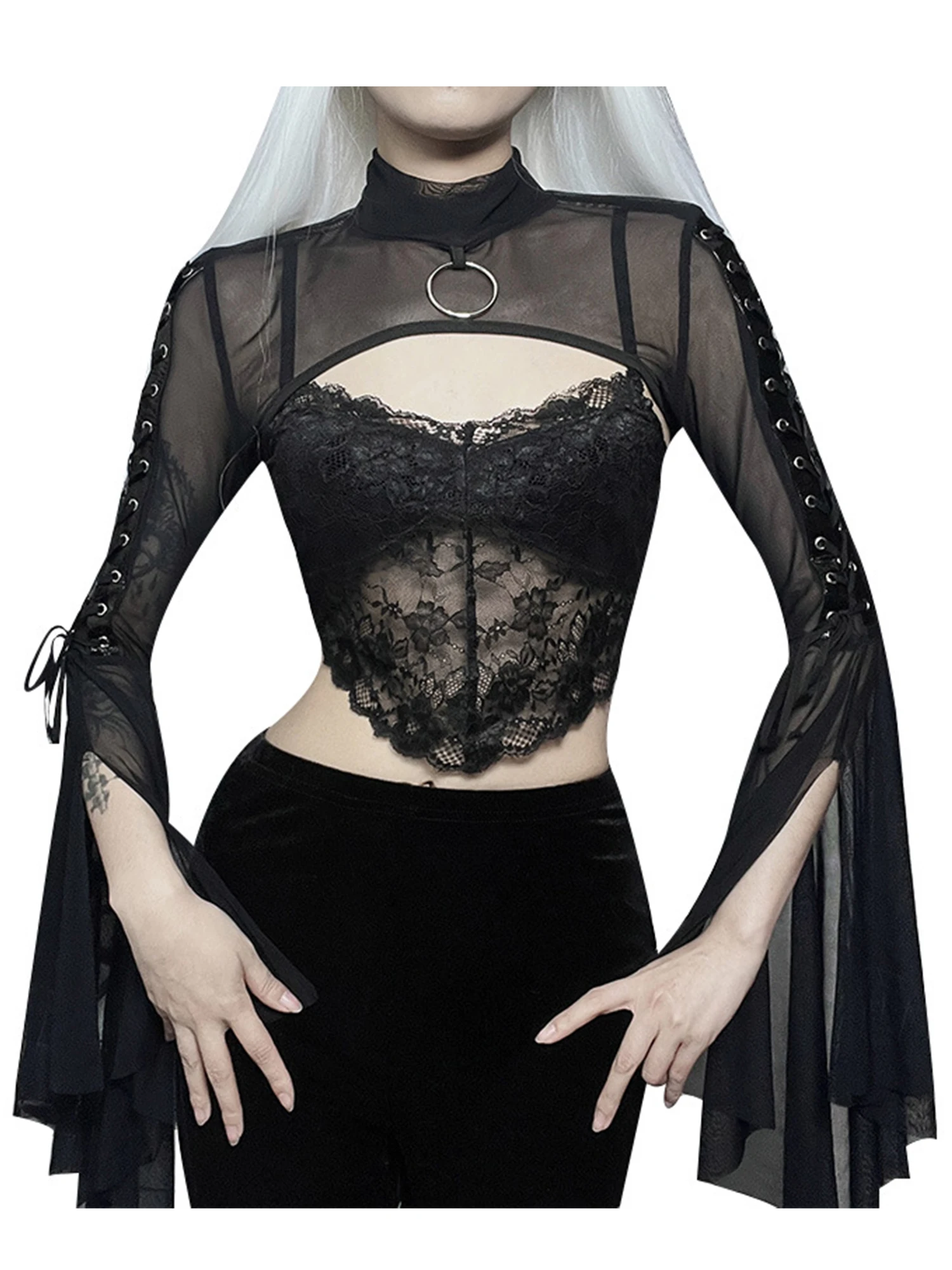 

Womens See-through Mesh Long Sleeve Shrug Tops Mock Neck O Ring Lace-up Jacket Gothic Punk Flare Sleeve Crop Top Performance