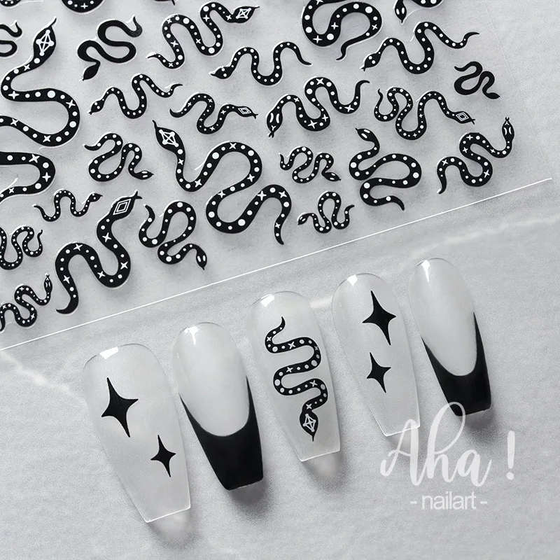 

3D Black/White Snake Nail Art Stickers 8*10cm Self-Adhesive Snake Design Nail Slider 1Sheet Punk Series Snake Manicure Decal