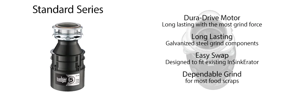 Description Picture 3 of itemInSinkErator Badger 5 Garbage Disposal, Standard Series 1/2 HP Continuous Feed Food Waste Disposer, Black, Set of 1