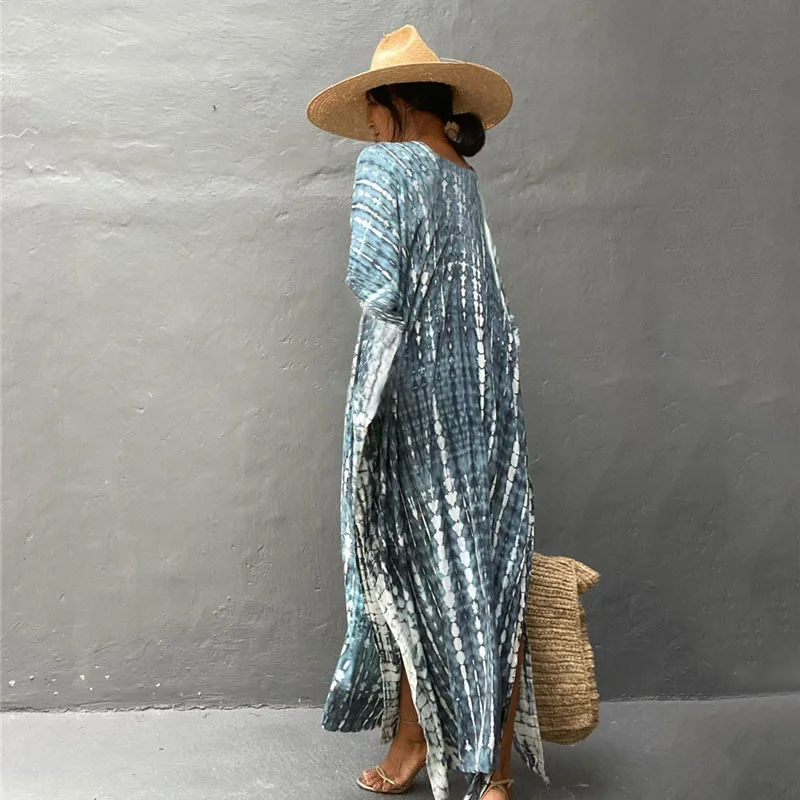 2023Summer Bohemian Striped Print Women Beach Dress Bathing Suit Cover Up Summer Tunic for Woman Beachwear Robe De Plage Kaftan