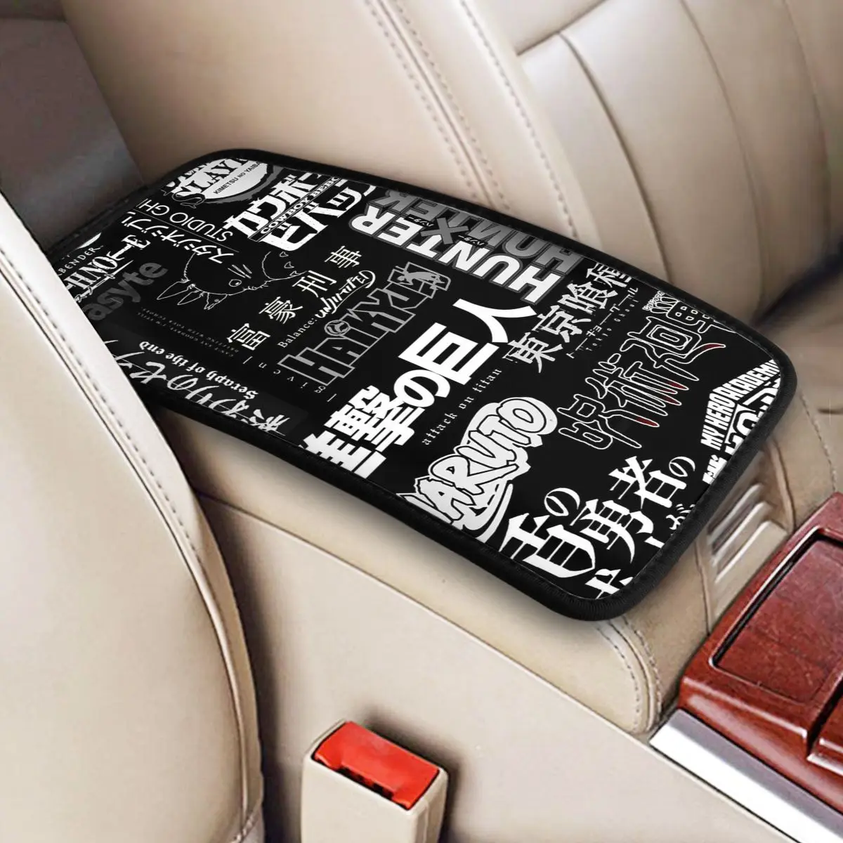 

Pop Animes Manga Logo Collage Car Armrest Cover Mat Universal Leather Center Console Cover Pad Non-slip Car Accessories