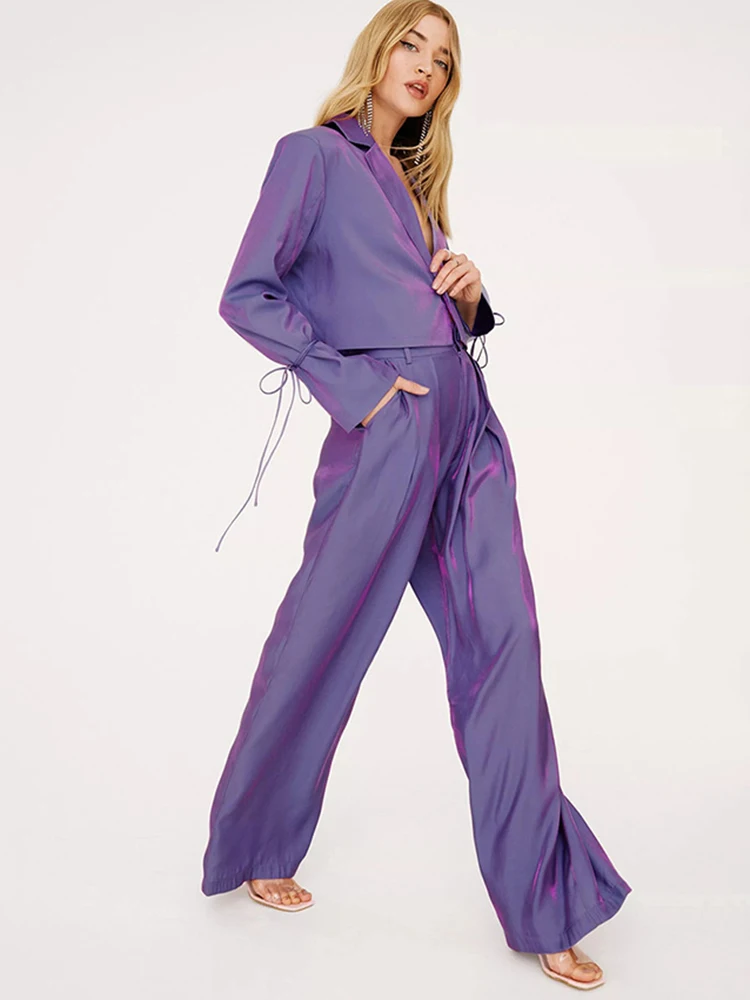 

Jyate 2022 Two Piece Sets Womens Outifits Long Sleeve Lace Up Tops With Loose Wide-leg Pants Suits Fashion Chic Short Shirts Set