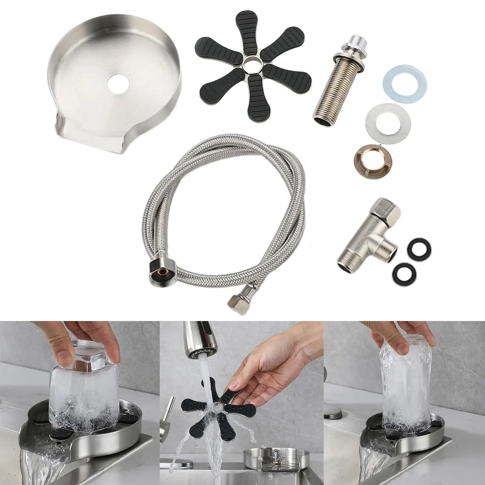 Square Glass Cup Cleaning Machine, 360 Degree Rotating Nozzle Glass Cup Cleaning Machine Kitchen Sink Stainless Steel Cup Cleaning Machine Sink Faucet Cup Cleaning Machine Black