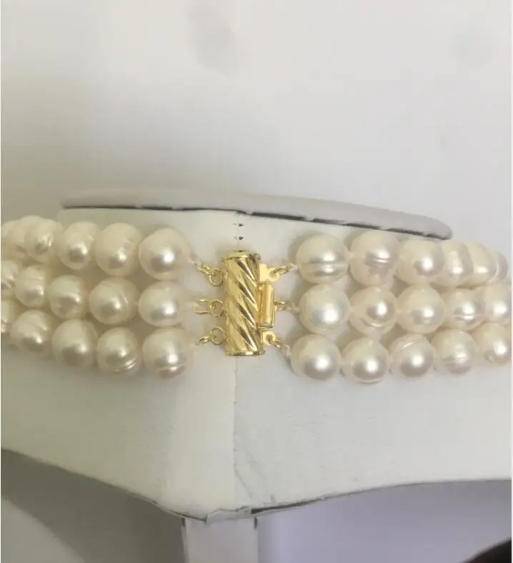 3 ROW 9-10mm SOUTH SEA WHITE PEARL NECKLACE 17~19 INCH14kgp Yellow Clasp 43,45,48cm