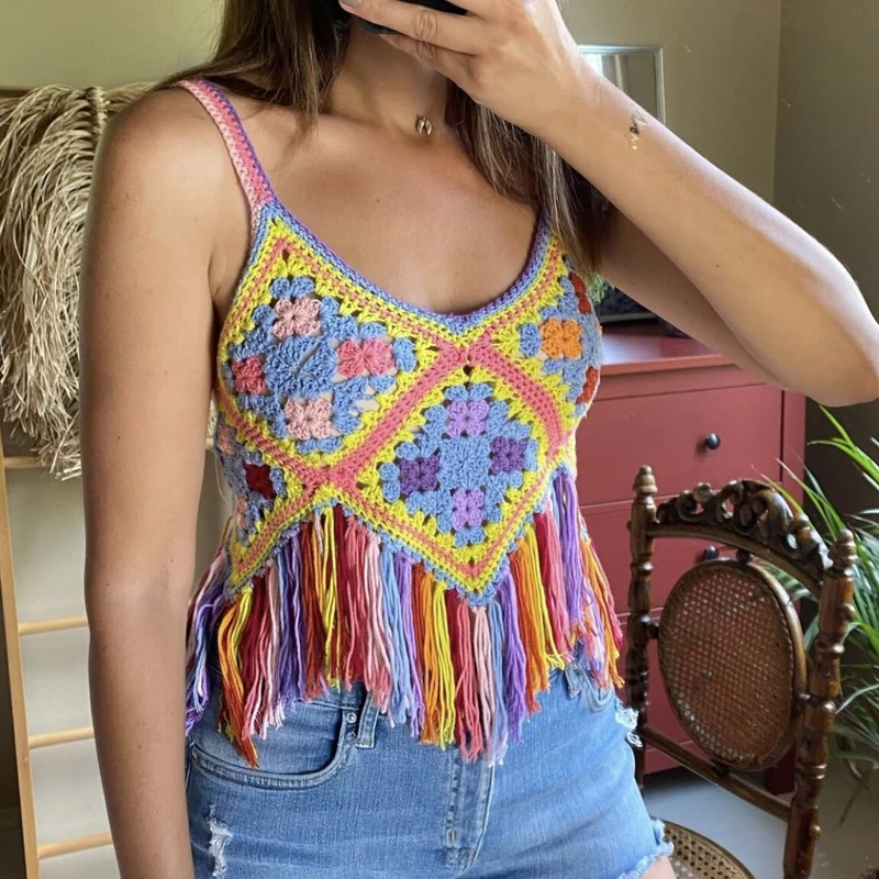 

TEELYNN Vintage Hand Crocheted Knitted Tassel Cami Boho Beach Wear Cropped Top Women Casual Sleeveless Summer Tank Tops 2022