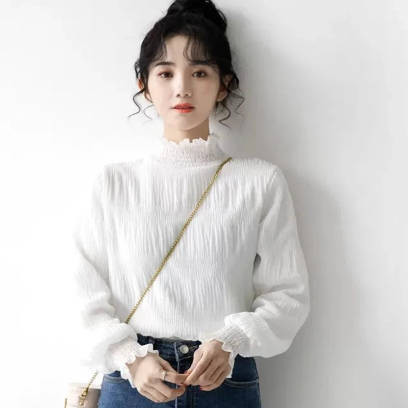

New White High Neck Bottoming Shirt Spring Autumn New Long Sleeve Solid Loose Pleated Tops Tees Fashion Sweet Women Clothing