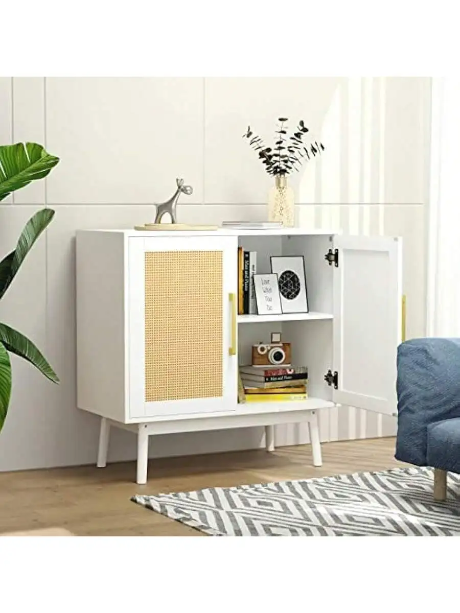 JOZZBY Rattan Sideboard Buffet Cabinet Set of 2 White Cabinet with Rattan Doors and Adjustable Shelves Accent Cabinet fo 3