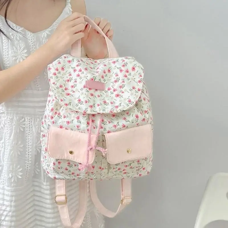 School Girl Small Backpack Sweet Floral Pattern School Bag Aesthetic Daypack 2