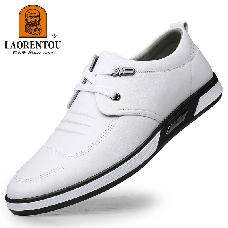 LAORENTOU genuine leather breathable casual small white shoes for men's Korean version cowhide soft sole white driving shoes 4