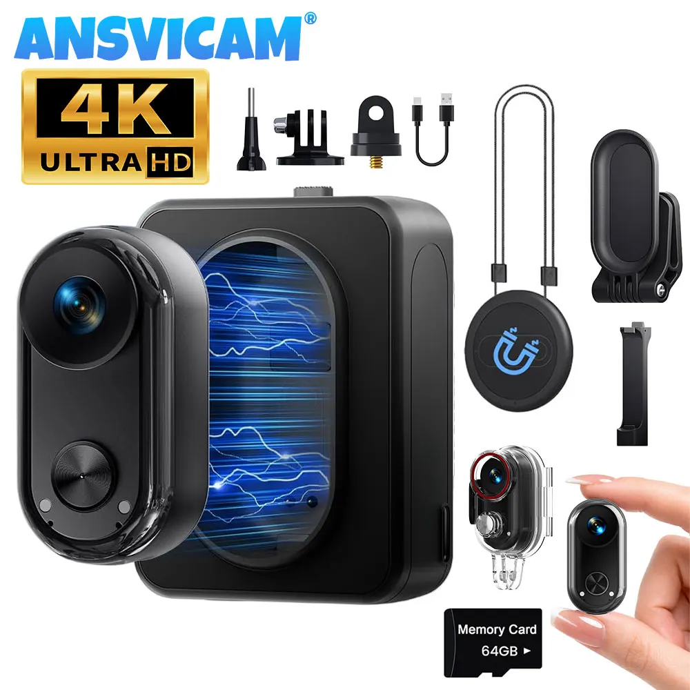ANSVICAM 4K30FPS Mini Body Action Camera POV Vlogging Camera 6-axis Stabilization with Charging Case Magnetic Wearable Thumb Cam