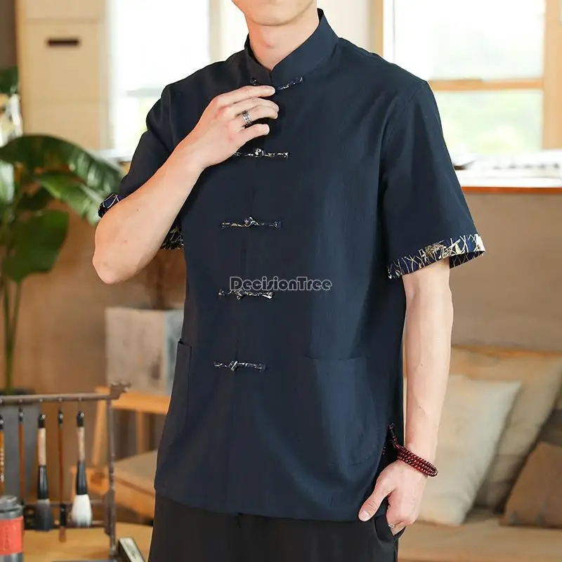 

2022 spring summer new traditional chinese clothing men top tang suit casual short sleeve shirt vintage 4XL kung fu blouse hanfu