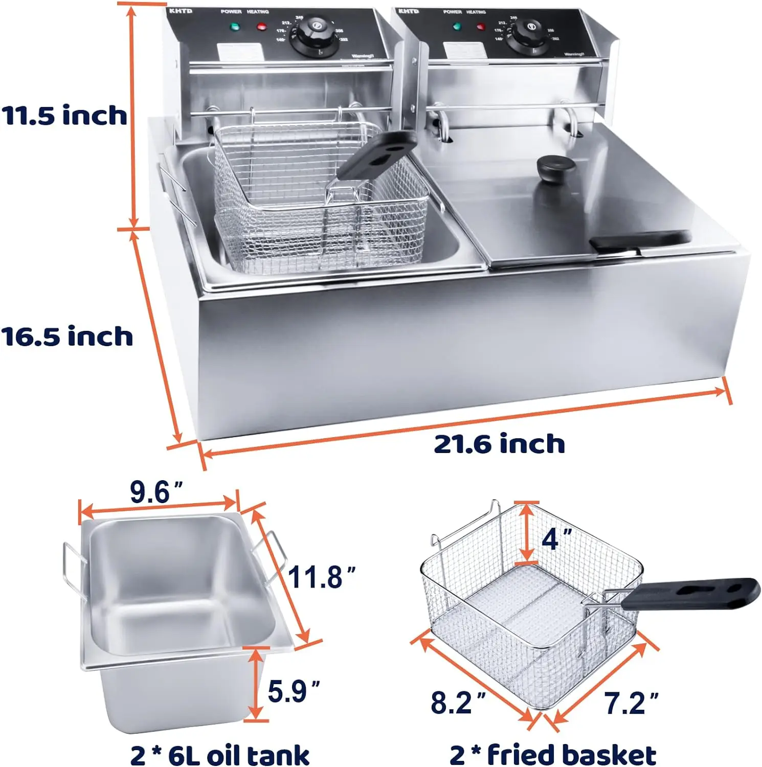 Commercial Deep Fryer with Basket, 3400W 12.7QT/12L, Detachable Large Capacity Stainless Steel Countertop Electric Oil Fryer wit 6