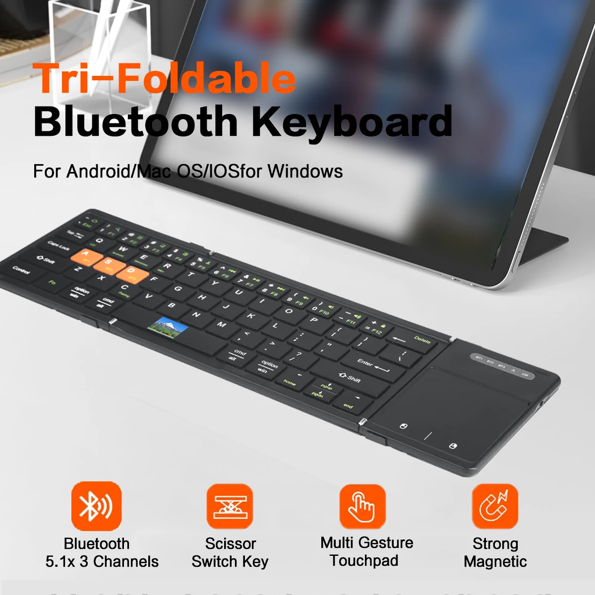 터치패드가 포함된 Jomaa Bluetooth 접이식 키보드 여행용 충전식 삼중 접이식 무선 키보드 포켓 크기