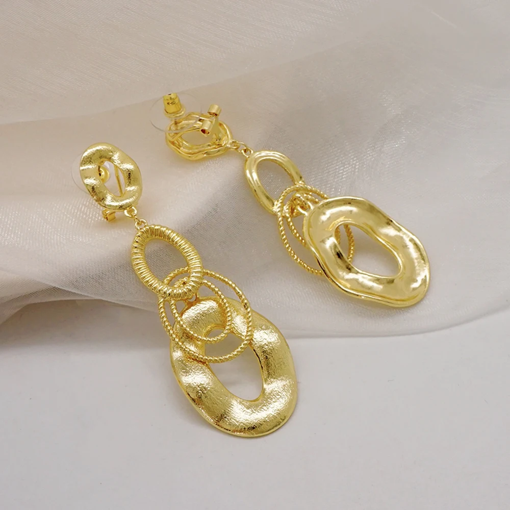 Fashion Dubai Plated Gold Color Big Geometric 3 Circle Earings Long Round Dangle Earrings For Women Party Gift Wedding Jewelry