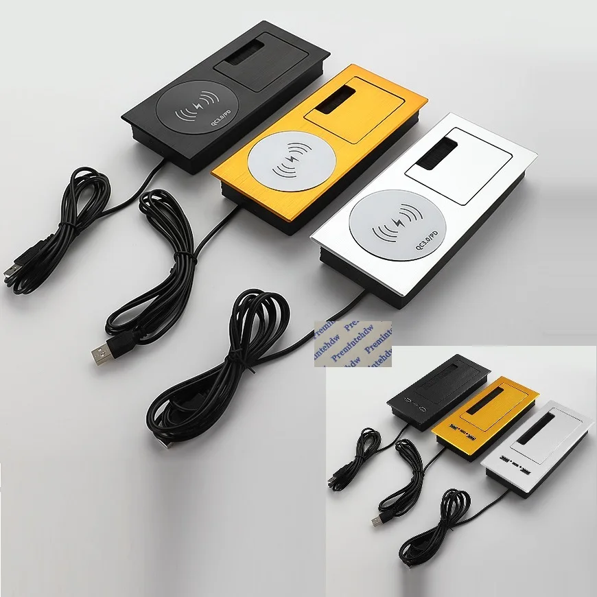 1Piece Rectangle Aluminum Desktop Cord Gromment Bufferred Flip Cover USD Free Cable Charger Brushed Black Gold Silver
